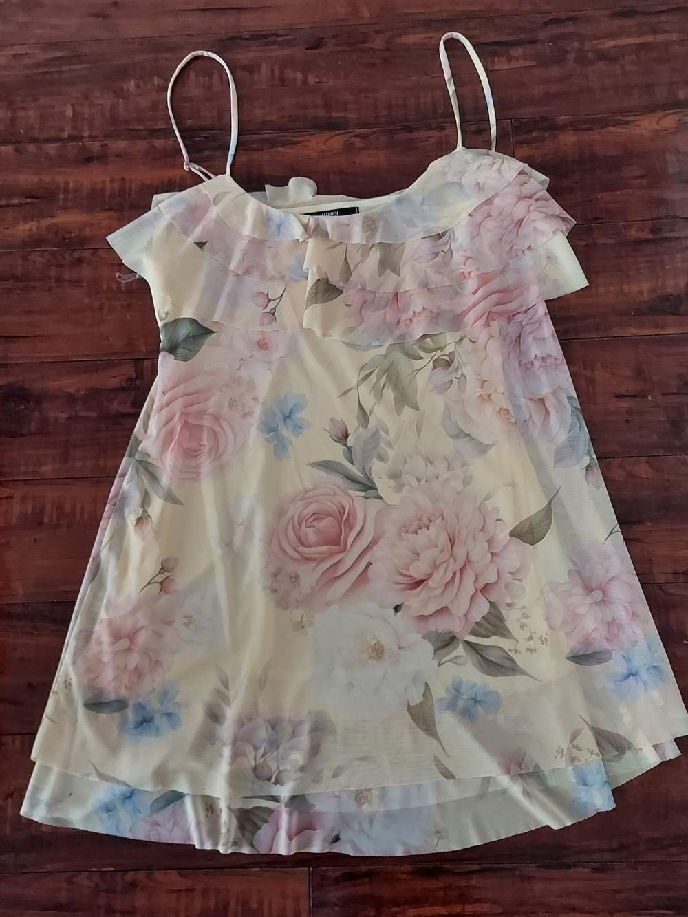 NY Collection Cream Floral Ruffle Spaghetti Strap Dress